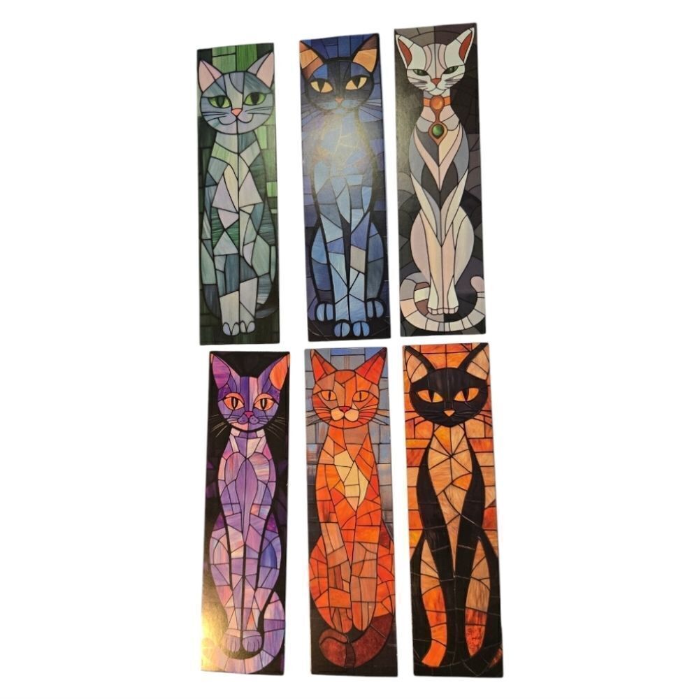 6pc Black Cat Bookmark Set Stained Glass Mosaic Bookmarks Gothic Kawaii Reading